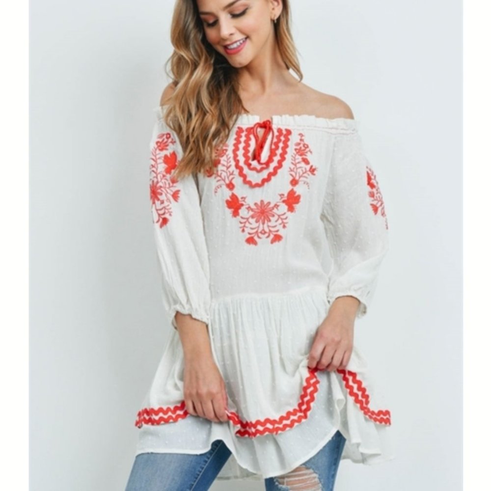 SEE & BE SEEN - NWT - White with red embroidered off the shoulder blouse - S, M